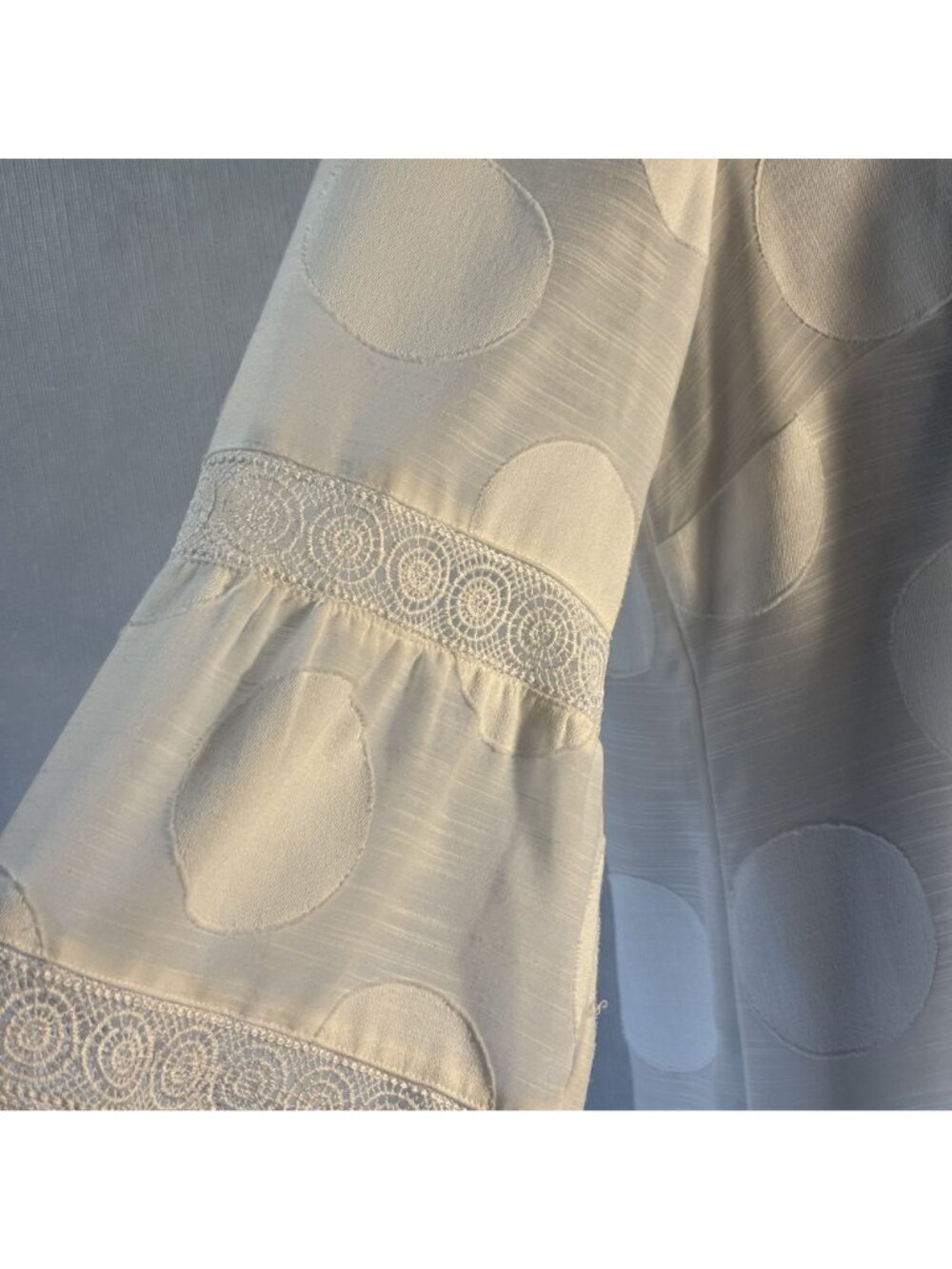 White Chico's Sheer Polka Dot Blouse With Crochet Trim & 3/4 Bell Sleeves - Picture 3 of 6